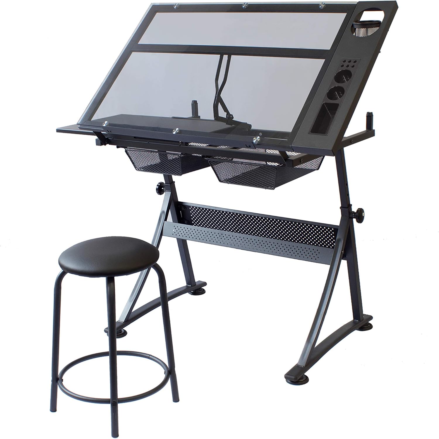Stationery Island FOULA-TP Zeichentisch. Höhen- Und Neigungsverstellbarer Tisch Aus gehärtetem Glas Mit Stauraum, Hocker und Klammern. Für Kunst, Design, Schreiben, Malen, Basteln, Arbeit & Studium
