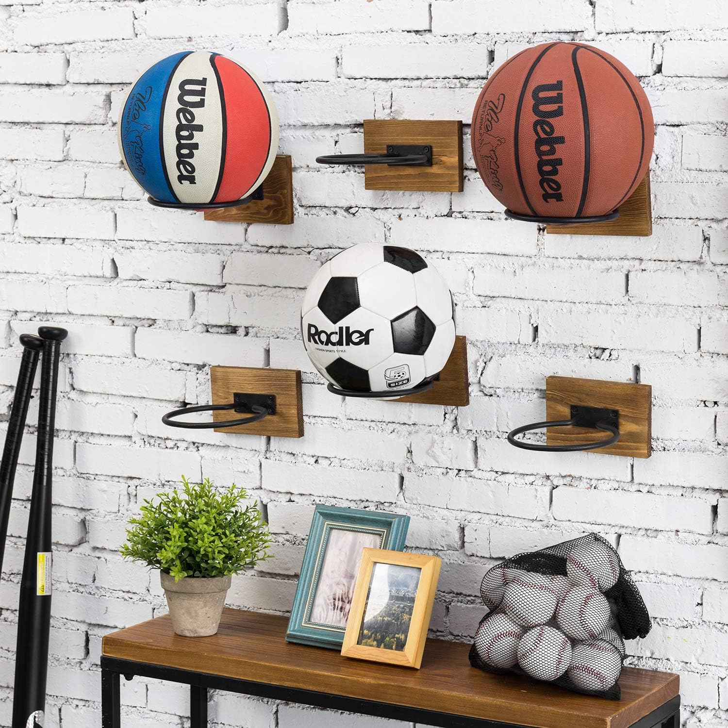 MyGift Wood & Metal Wall-Mounted Sports Ball Holder Storage, Set of 2: Sports & Outdoors