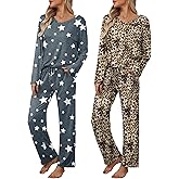Ekouaer Womens 2 Pack Pajama Set Short & Long Sleeve Pajamas Top and Pants V Neck Pjs Set Soft Loungewear with Pockets