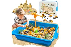 BlingCnsy Construction Sensory Bin with Lid, Play Sand Kit for Boys with 2.2lbs Magic Sand & 5 Construction Trucks, Sensory Construction Toys for 3 4 5 6 7 8+ Year Old Boy Birthday Gift Christmas