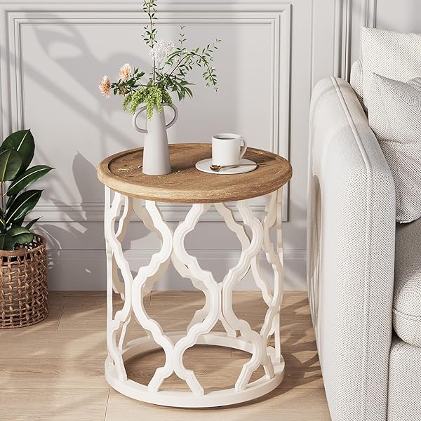 KARLOTT FARMHOUSE END TABLE, 18.5” FRENCH COUNTRY ROUND SIDE TABLE, DISTRESSED TRAY TOP SIDE TABLE WITH CURVED MOTIF FRAME BASE FOR BOHO, END TABLES LIVING ROOM, BEDROOM, SMALL SPACE, EASY ASSEMBLY
