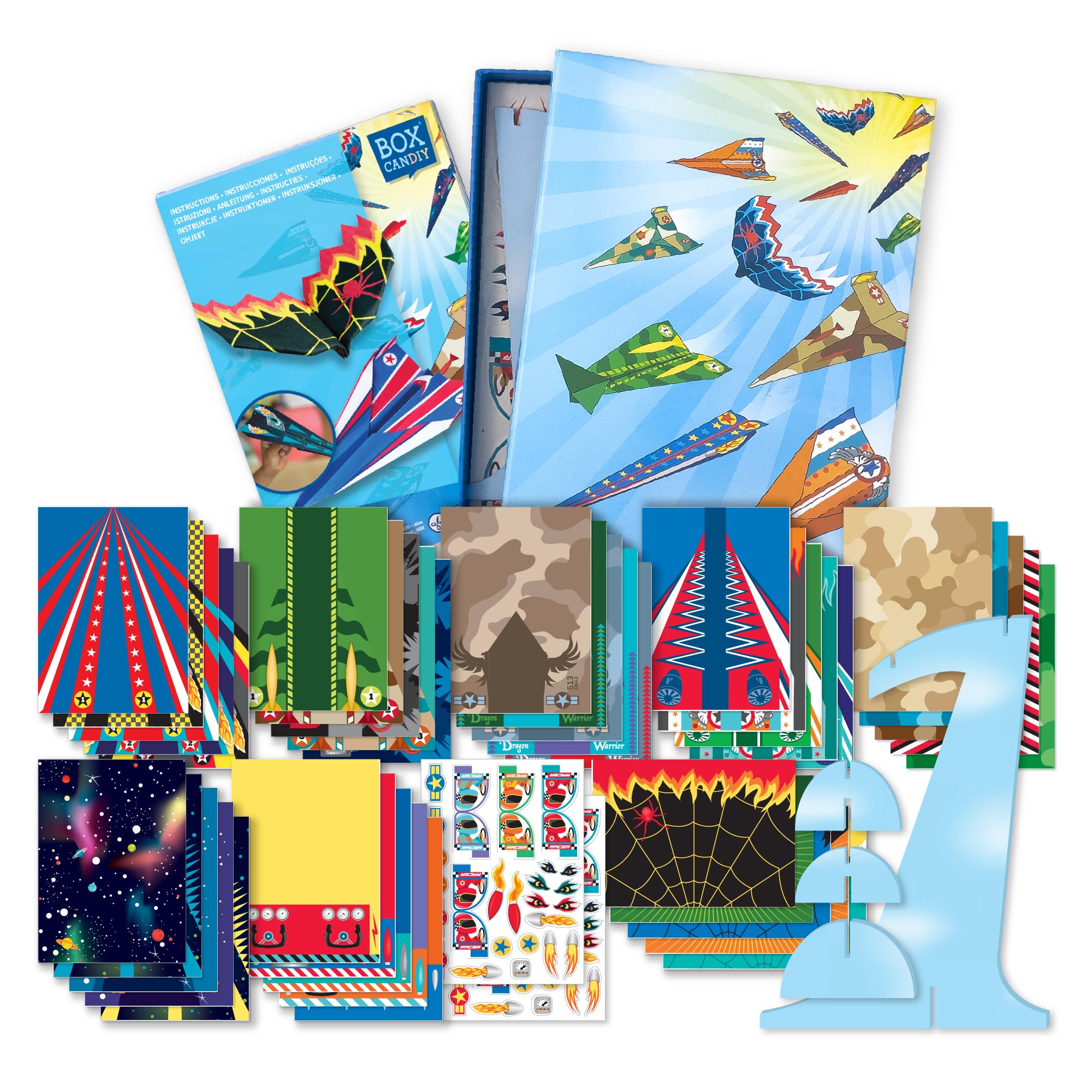 BOX CANDIY Paper Plane Origami Kit for Kids I Create 40 Colourful Planes with Folding Designs, Stickers, Stand & Storage Box I Arts and Crafts Set with Instructions — image 1