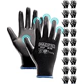 PACIFIC PPE 18 Pairs Work Gloves, PU Coated Seamless Knit Gloves, Touchscreen Safety Gloves with Grip, Ideal for General Duty Work, Men and Women, Black, Medium