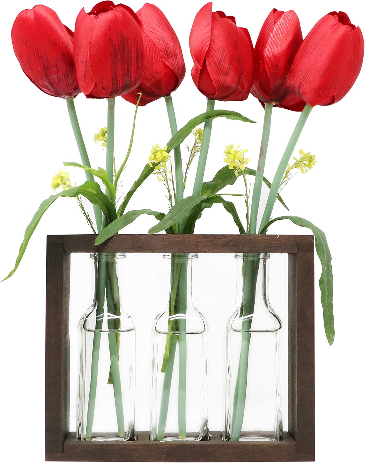 The Mammoth Design Flower Vases Bud Pots in Wooden Rack | Rustic, Vintage Home Decor | Windowsill Accessory, Wedding, Kitchen, Dining Table Centerpiece