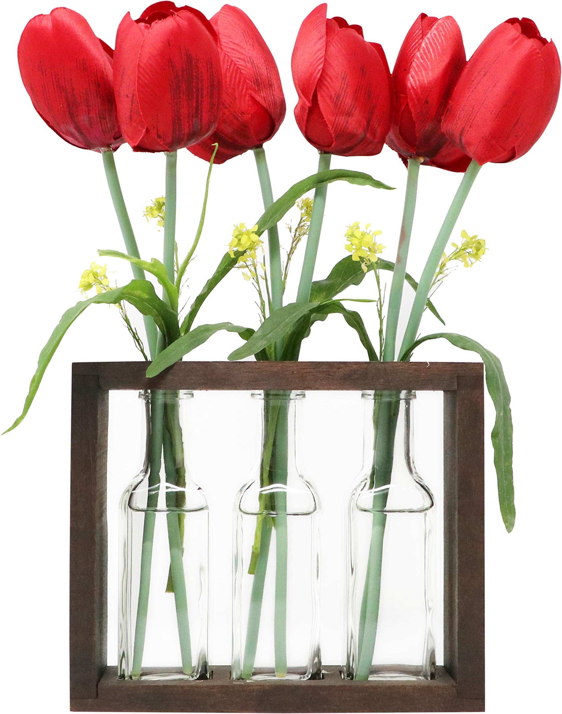 The Mammoth Design Flower Vases Bud Pots in Wooden Rack | Rustic, Vintage Home Decor | Windowsill Accessory, Wedding, Kitchen, Dining Table Centerpiece