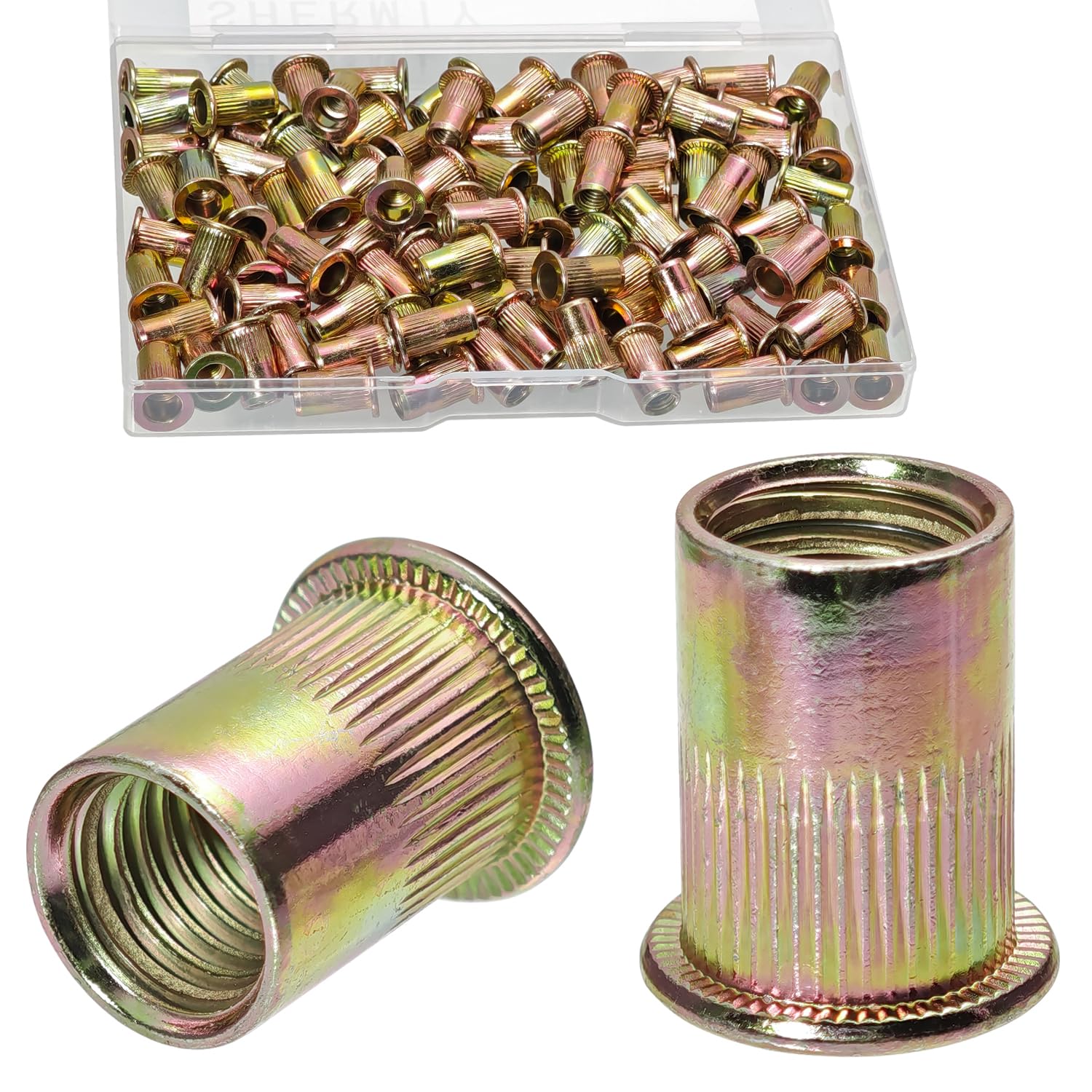 Photo 1 of 100PCS #10-32 Rivet Nuts Carbon Steel Zinc Plated Rivets Nutsert Flat Head Rivnut Threaded Inserts Nut (Yellow, #10-32)