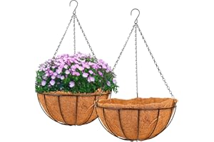 HKZ Hanging Basket Planter Plants Outdoor - 2 Pack 12 Inch Metal Hanging Planter with Coco Liners, Chain Hook Hanging Flower Pots for Indoor Outdoor Garden Porch Decoration