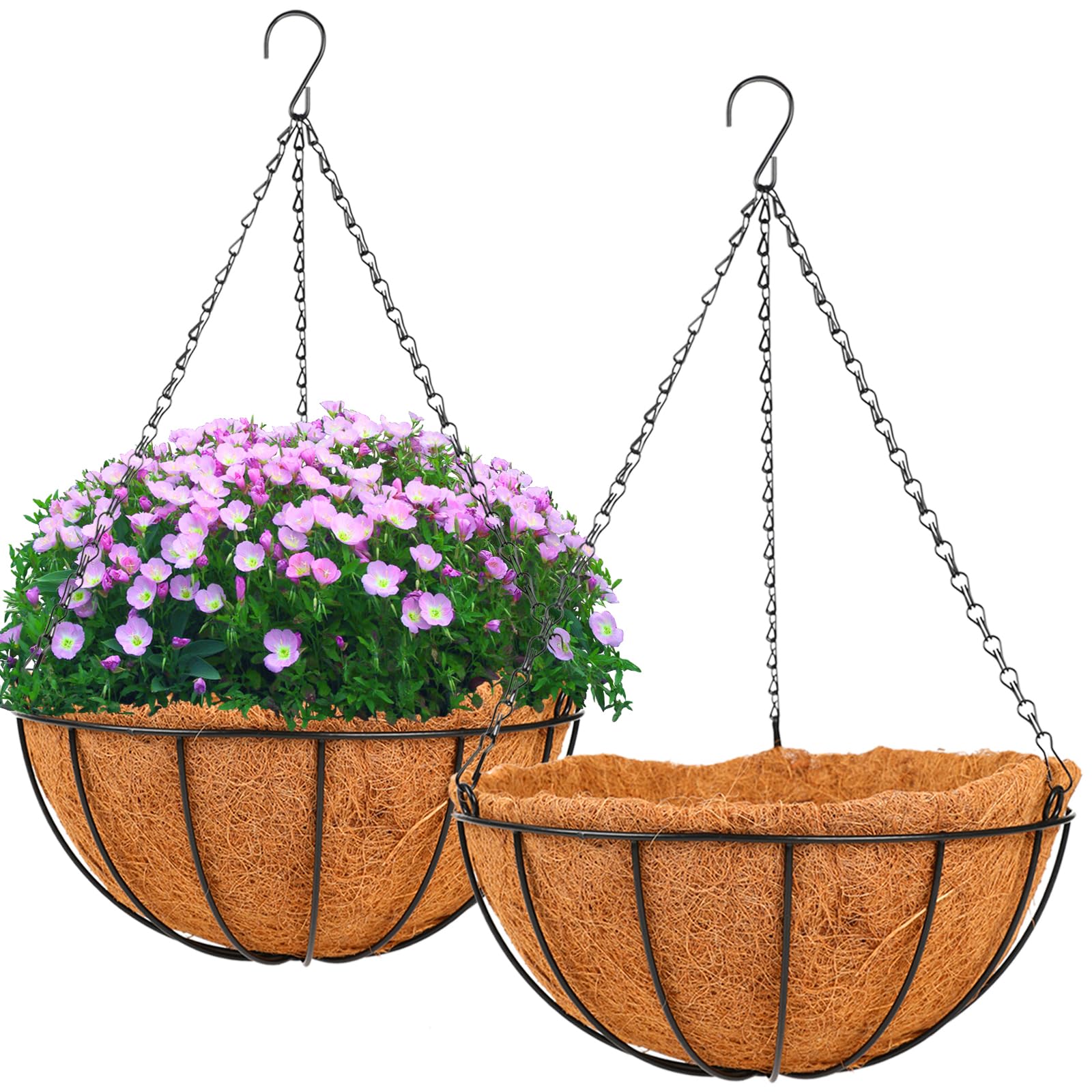 Photo 1 of Hanging Basket Planter Plants Outdoor - 2 Pack 14 Inch Metal Hanging Planter with Coco Liners, Hanging Flower Pots with Chain Hook for Indoor Outdoor Garden Porch Decoration