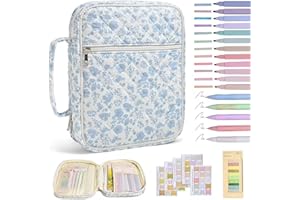 Quilted Bible Cover Floral Cute Bible Case for Girls Women with Handle, Portable Bibles Pouch with Study Supplies Blue