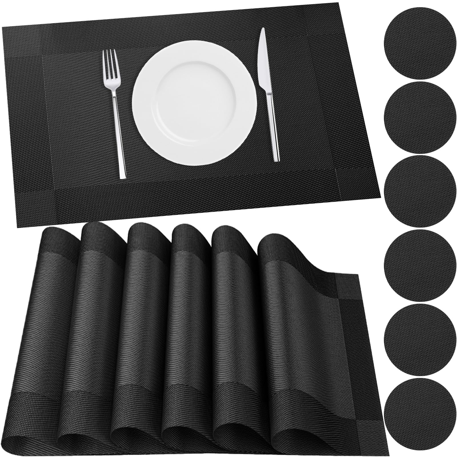 HEYOMART Placemats and Coasters Sets of 6, PVC Vinyl Table Mats Non-Slip Heat Resistant Washable Dinner Place Mats for Kitchen Dining Table Home Restaurant, Black — image 1