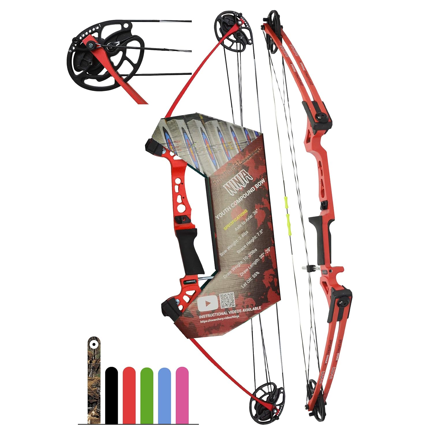 Southwest Archery Ninja Kids Youth Compound Bow Kit - Fully Adjustable 20-29” Draw 10-20LB Pull - 55% Let Off - Pre-Installed Arrow Rest - Finger Saver String