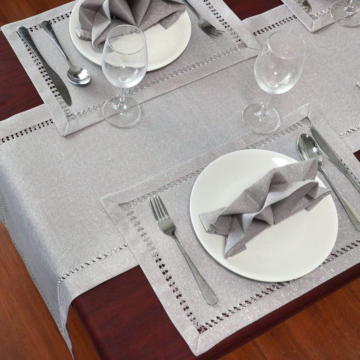 Grelucgo Small Short Hand Hemstitched Dining Table Runner Dresser Scarves, Sliver Thread Interweaving (Light Gray, 14 x 36 Table Runners): Home & Kitchen