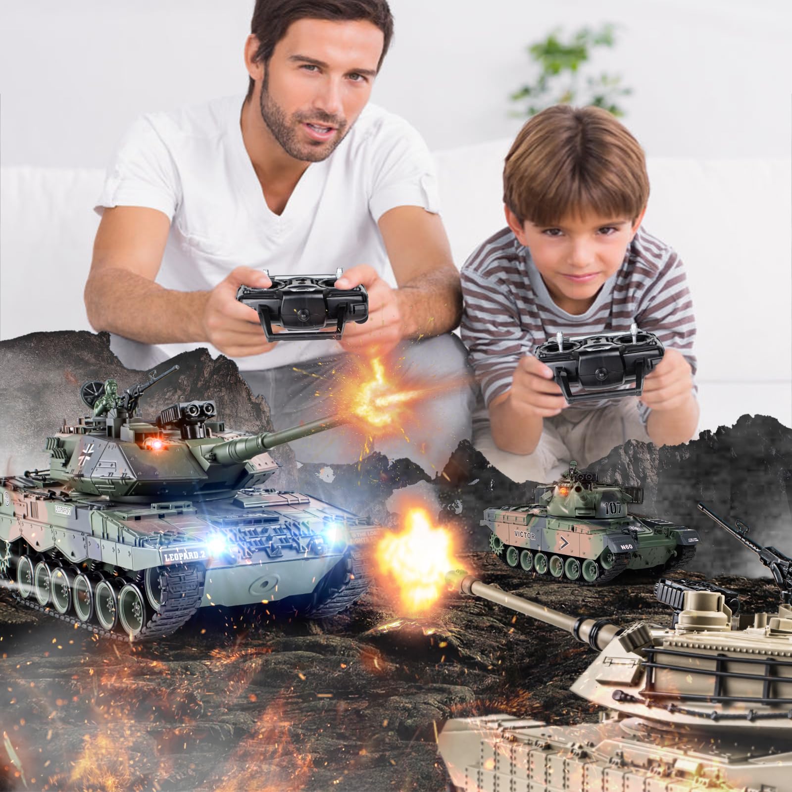 1:18 RC Tank, 2.4Ghz German Leopard II Remote Control Tank Model Toys, Battle Army Tank 15 Channel with Smoke Light and Sound, Military Toy for Adults and Kids That Shoots BBS and Water Bombs