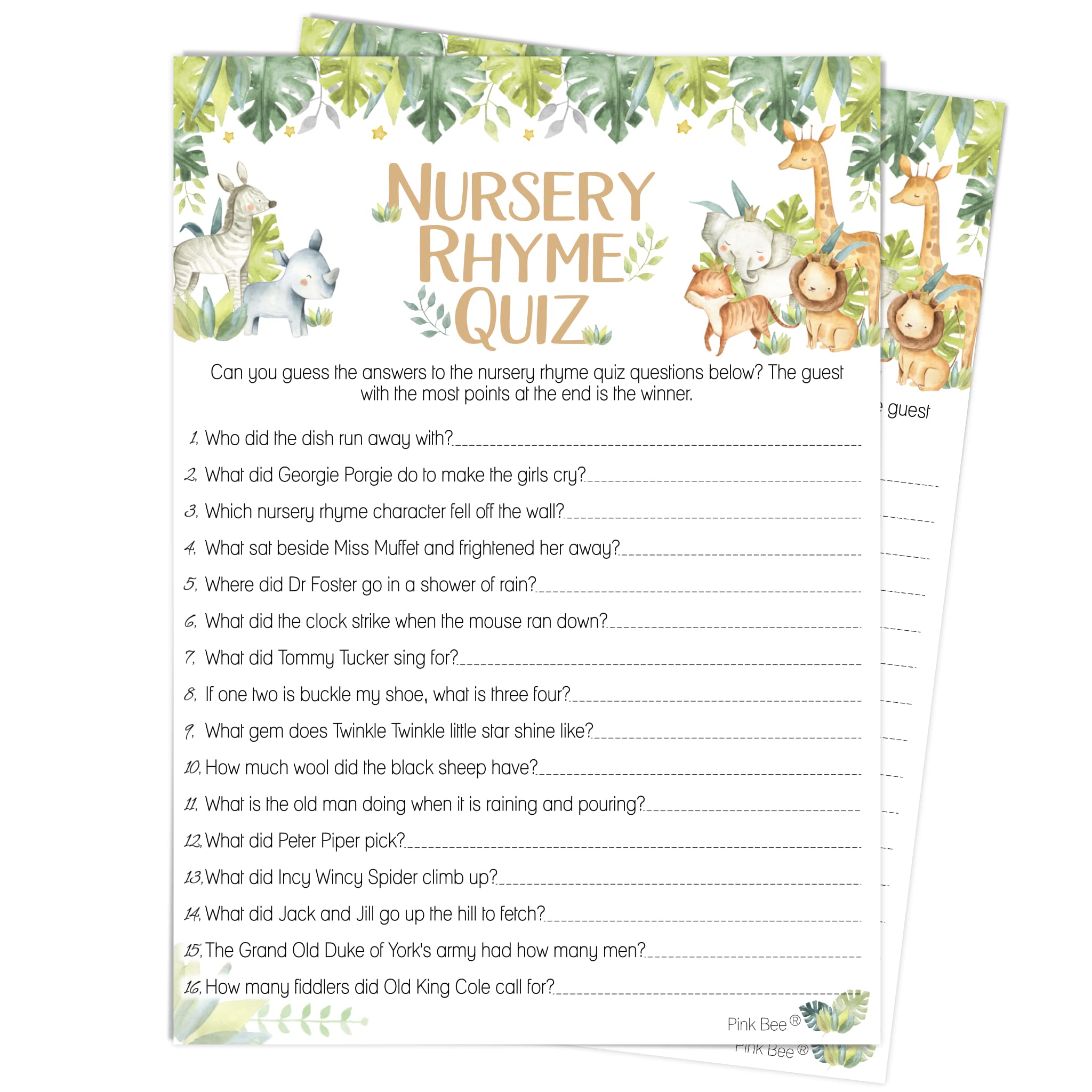 Pink Bee Parties Nursery Rhyme Quiz Baby Shower Game in Safari Theme - 40 Players
