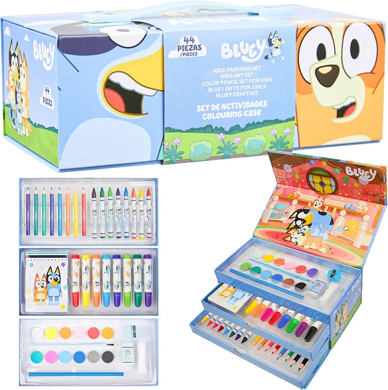 Bluey Art Set for Kids 40+ Pcs Colouring Pencils Paints Crayons Case