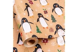 MAYPLUSS Christmas Wrapping Paper Roll - 17IN X 33FT - Kraft Gift Wrapping Paper Featuring Cute Penguin Christmas Tree Snowflake Reversible Cut Lines for Kids, Holiday, New Year