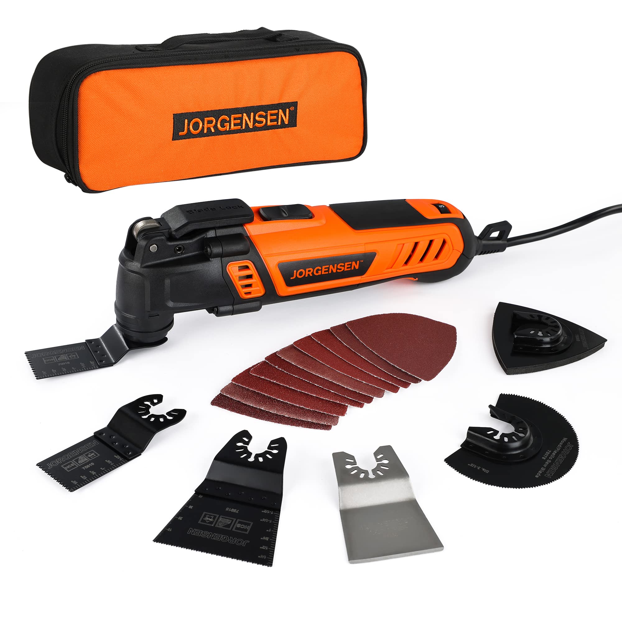 Photo 1 of JORGENSEN Oscillating Tool 5°Oscillation Angle, 4 Amp Oscillating Multi Tools Saw, 7 Variable Speed with 16-piece Electric Multitool Blades & Carrying Bag - 70800