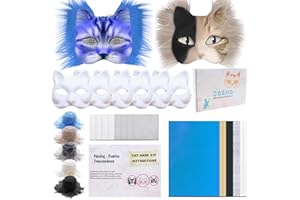 J6&H6 DIY Therian Mask Kit with Exclusive Ghost Stickers, Blank Cat Mask,Fabric Sheet, Faux Fur and Eye Mesh Suitable for Halloween，Ghost Role-Playing Parties（Blue）
