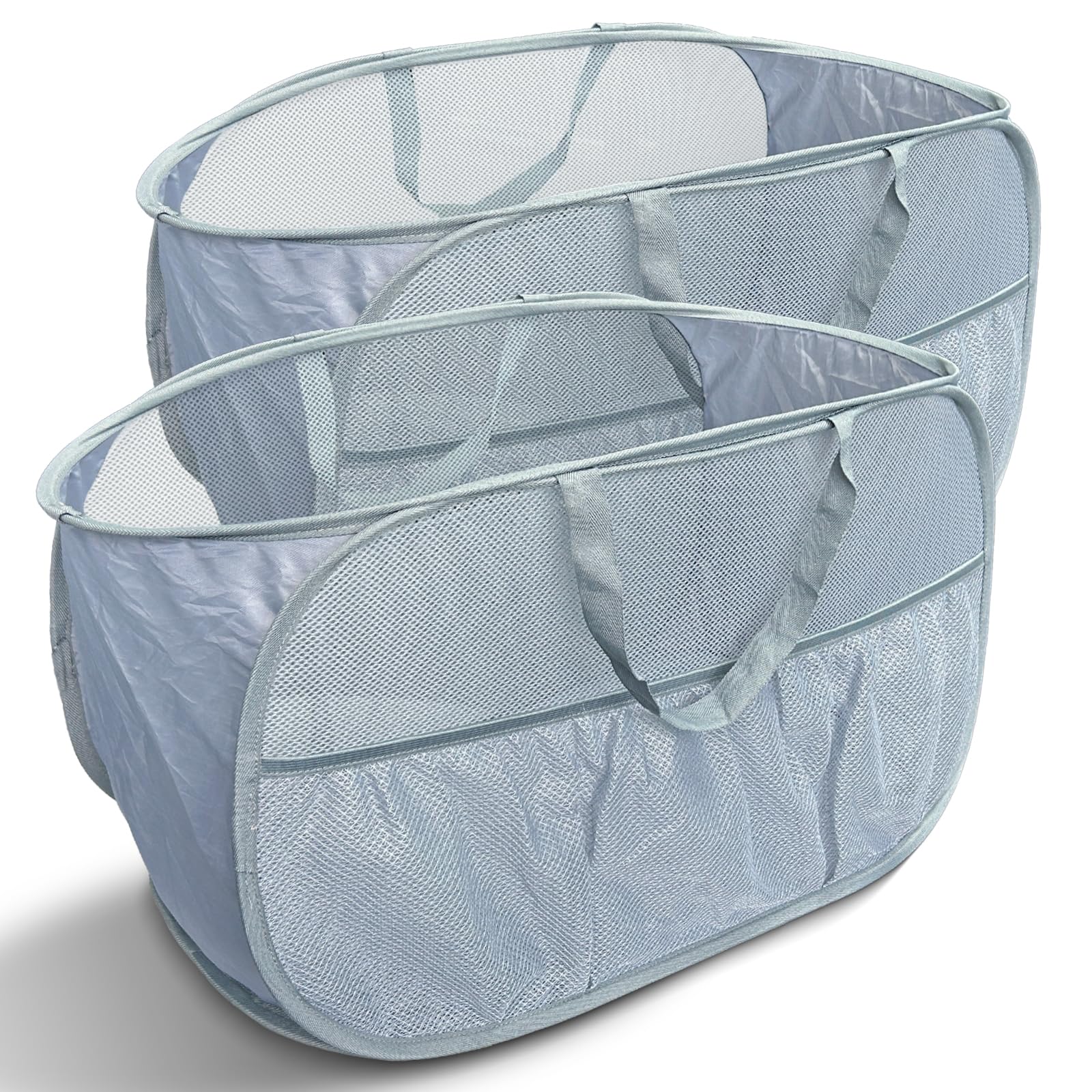 Collapsible Laundry Baskets 2 Pack, Mesh Pop Up Hamper with Handles, Portable Stair Basket, Dorm or Room Folding Bin, Dirty Clothes Hamper Light Breathable. Grey. 2H