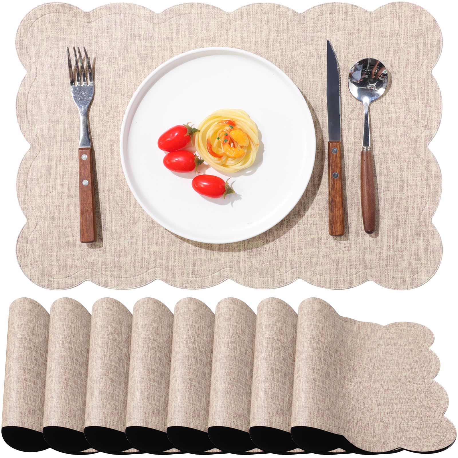 Photo 1 of Gandeer Set of 8 Rectangular Waterproof Placemats for Dining Table, 12'' x 18'' Modern PU Leather Washable Table Mats Non Slip Scalloped Place Mats with Stitched Edge Easy to Clean for Kitchen(Beige)