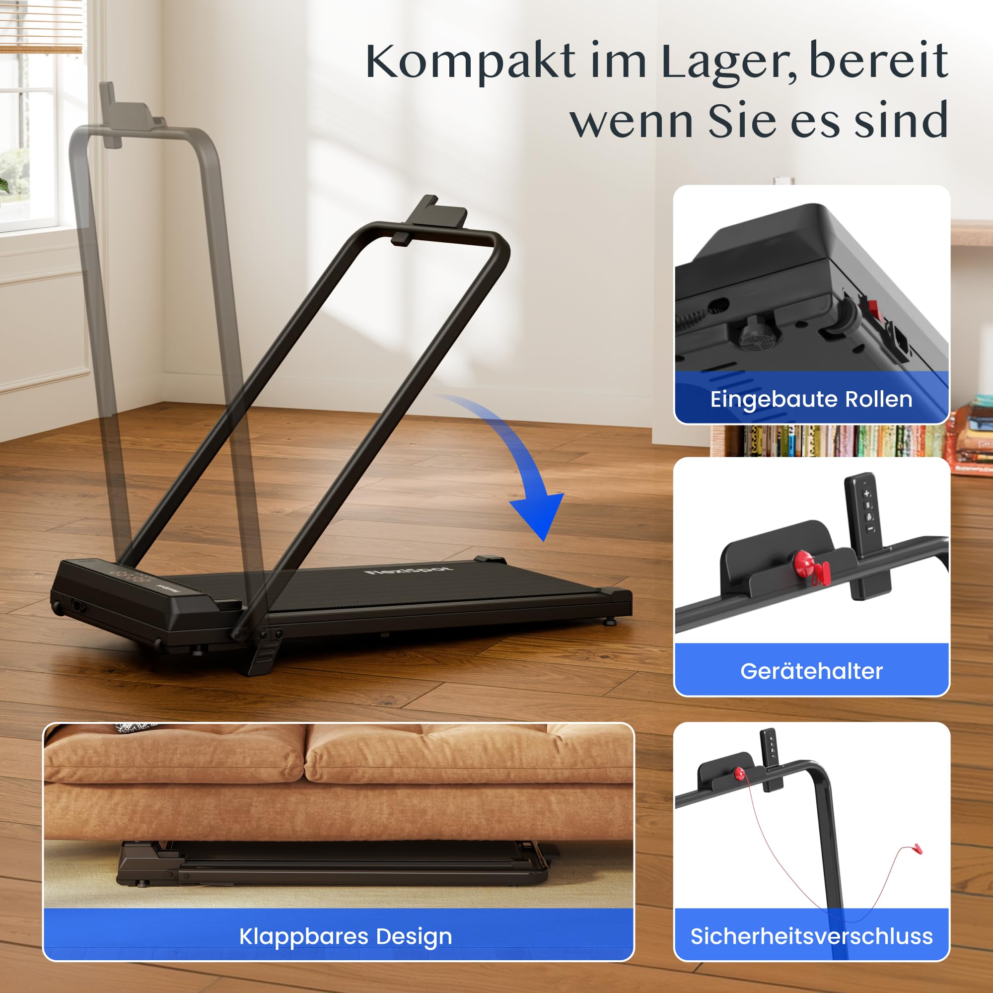 FlexiSpot Laufband mit 7% Steigung, 1–12 km/h, klappbarer Handlauf, bis 140 kg belastbar, LED-Display mit Fernbedienung, Walking Pad für Zuhause & Homeoffice Dynamix Schwarz 6