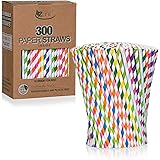Zunii 300-Pack Multi-Color Biodegradable Paper Straws - 10 Bright Colors - Eco Friendly Straws for Juice, Soda, Cocktails, Sh