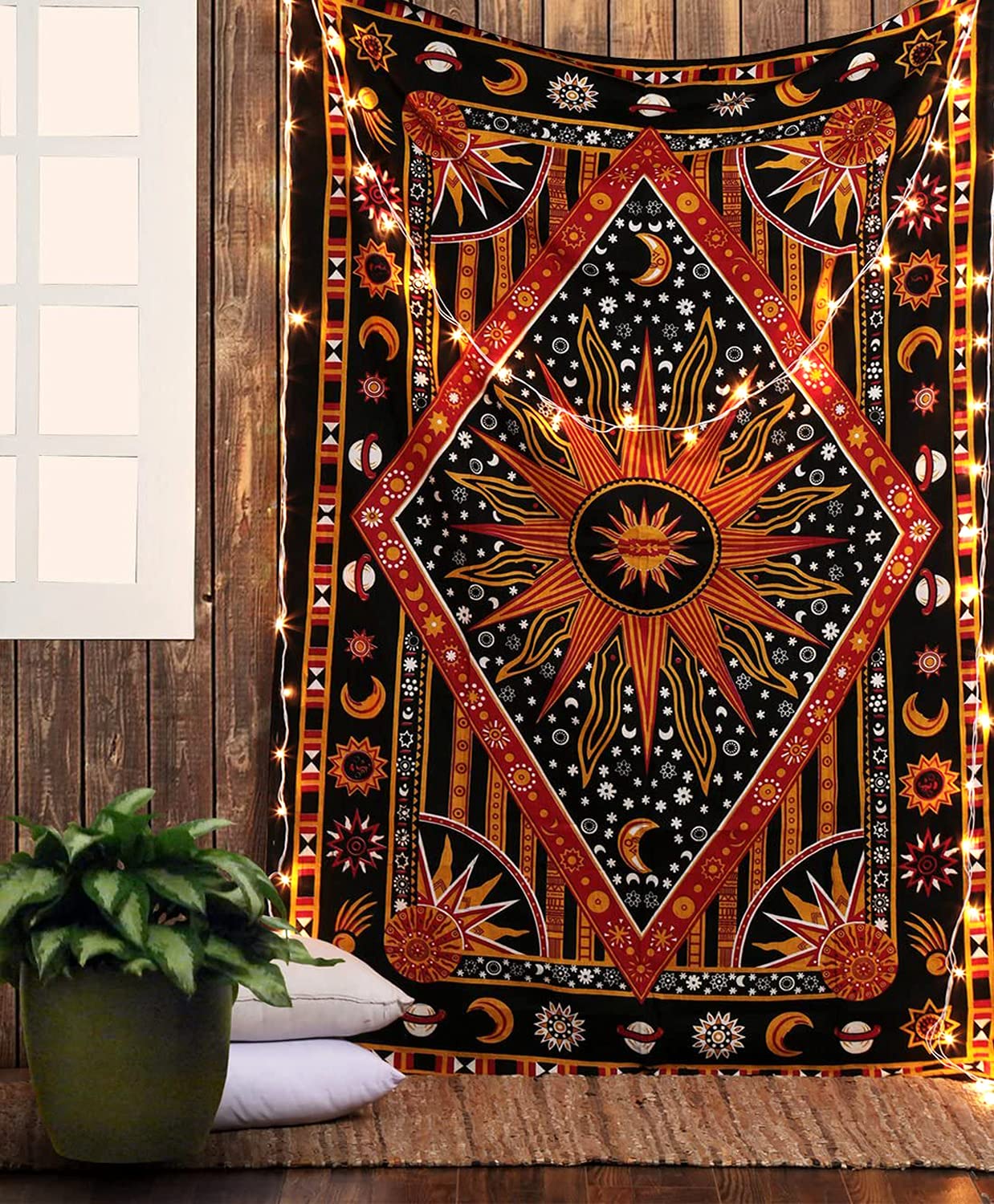 raajsee Burning Sun Golden Tapestry Bedroom Aesthetic- Zodiac Mandala Tarot Wall Hanging – Indie Cotton Celestial Wall Décor Burning Sun Tapestries Trippy - Boho Tapestrys Hippie 52x60 inch