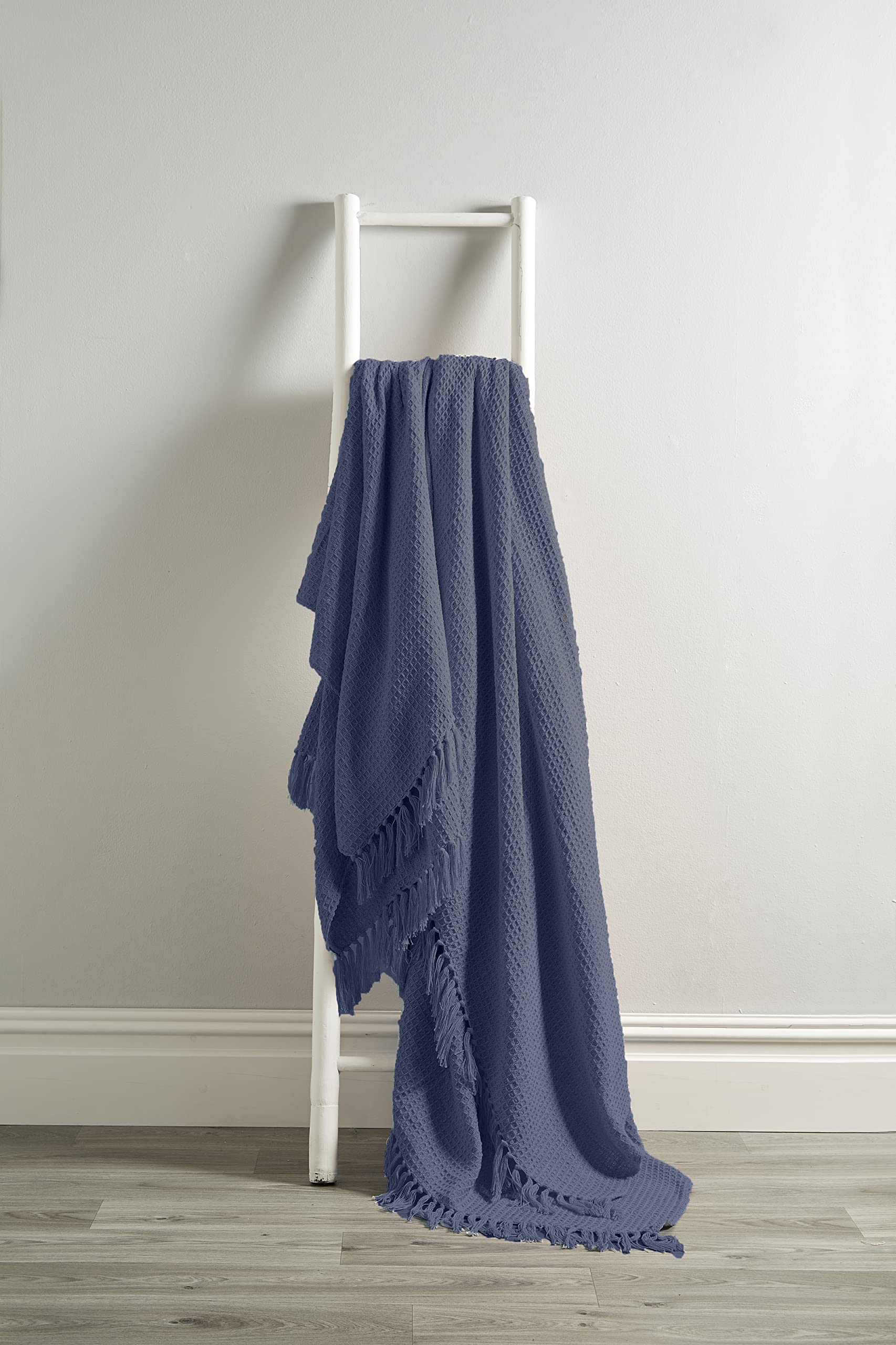 Olivia Rocco Lisbon Throw 100% Cotton Plain Honeycomb Sofa Bed Chair Cover Throws Tasselled Decorative Blanket, 178 x 254 cm (70" x 100") Navy