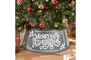 Auirre Metal Christmas Tree Collar, Sliver Tree Ring Holiday Decor 29 Inch Diameter for Large Xmas Tree 7-9 Ft, Holly Berry Farmhouse Artificial Tree Skirt Rustic Home Indoor Outdoor Decoration