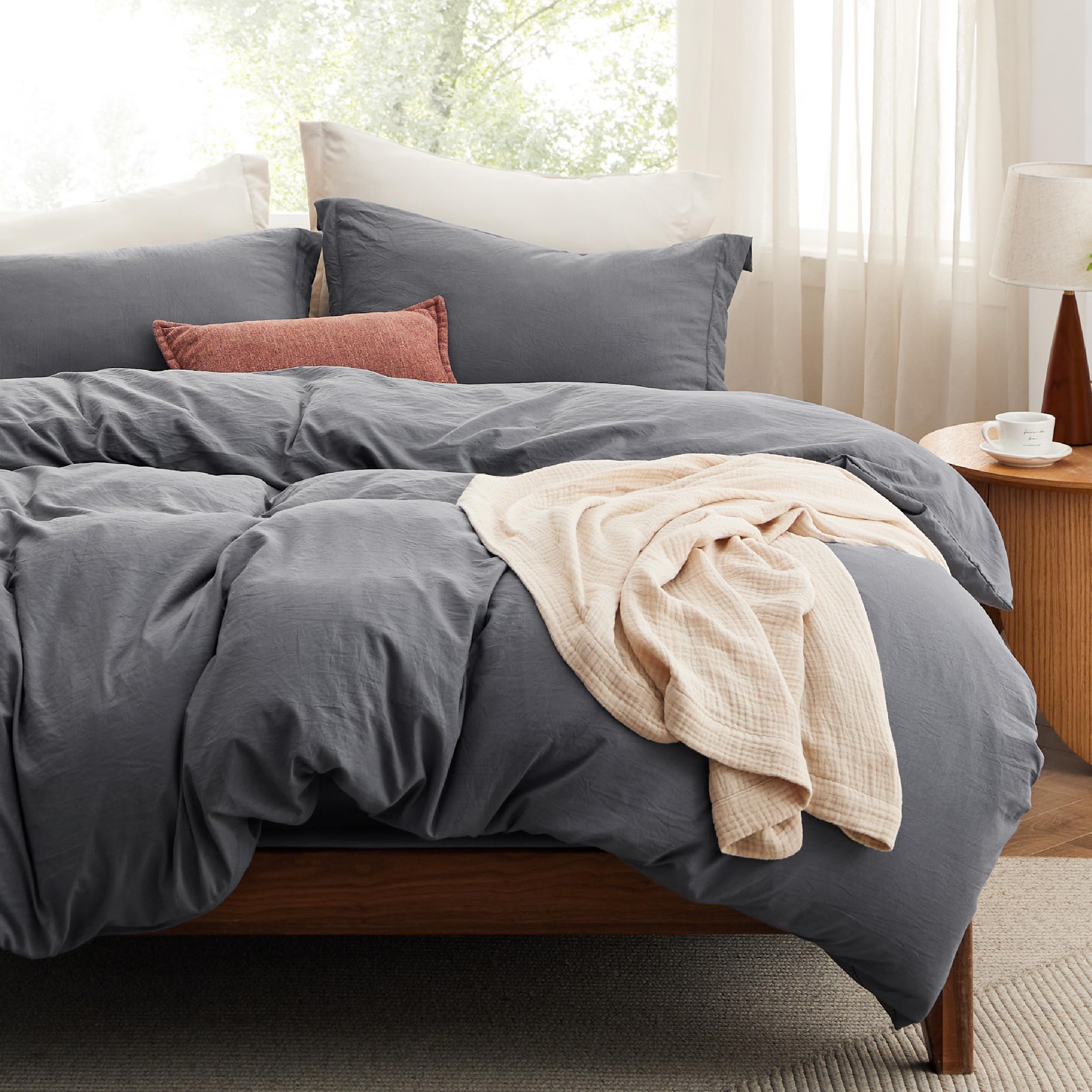 Photo 1 of Bedsure Duvet Cover Queen Size with Fitted Sheet - 4 Pieces Prewashed Cotton-Like Extra Soft Bedding Set, Includes 1 Duvet Cover 90x90 Inches, 2 Pillow Shams, 1 Fitted Sheet, Dark Grey
