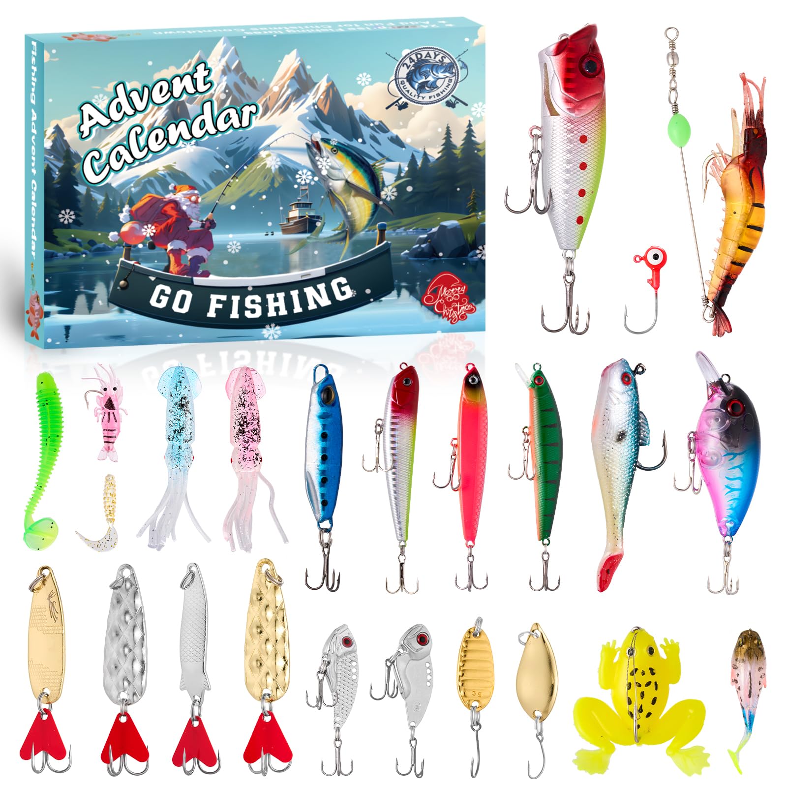 Fishing Lure Advent Calendar 2025-24 Days Christmas Countdown Fish Tackle Set for Adult Man Teen Boys - Xmas Surprise Fish Bait Gift for Father Grandpa Brother Boyfriend