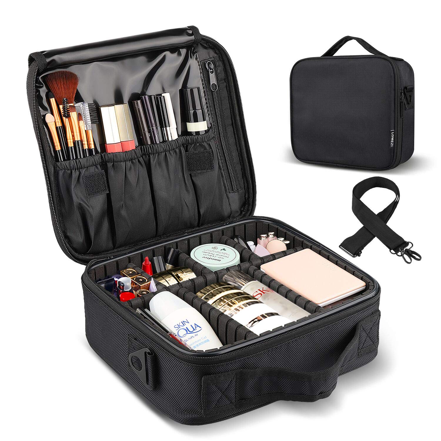 LOMEZI Makeup Train Case Professional Makeup Bag Travel Cosmetic Bag for Women Organizer Portable Storage Bag with Shoulder Strap Adjustable Dividers for Makeup Brushes Toiletry Travel Accessories