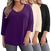 Ficerd 3 Pack Cotton Plus Size 3/4 Sleeve Tops for Women V Neck T-Shirts Casual Loose Fit Trendy Basic Tees Clothes