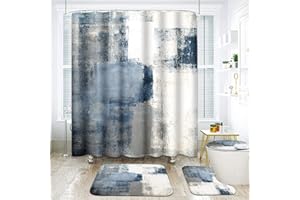 ArtSocket 4 Pcs Shower Curtain Set Navy Blue Grey Abstract Painting Gray Vintage Retro with Non-Slip Rugs Toilet Lid Cover and Bath Mat Bathroom Decor Set 72" x 72"