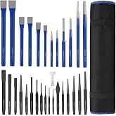 WORKPRO 30 PCS Heavy-Duty Punch and Chisel Set with Roll Pouch | Premium Steel, Blackened &amp; Painted Finish, Cold, Center &amp; Cape Chiseles, Pin, Taper &amp; Center Punches, Roll-Up Pouch