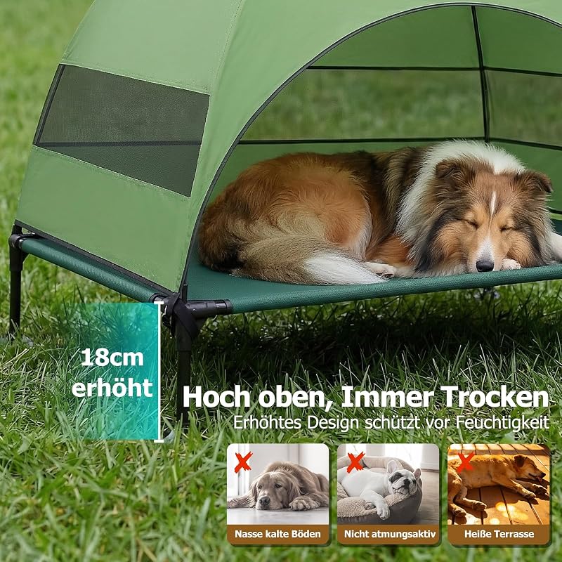 Erhöhtes Hundebett Outdoor mit UV-beständiges Dach，Hundeliege Klappbar mit Anti-Rutsch-Füßen, Hundezelt Outdoor mit Großem Schatten, Kühlendes ErhöHtes Hunde Bett für Camping, Garten (Grüner, L)