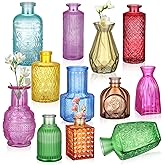 Kifmurase Colored Glass Bud Vases Set of 12, Vintage Small Vases for Flowers, Crystal Mini Glasses in Bulk, Carved Ribbed Floral Vase for Centerpiece Wedding Decorations Home Office Flower Party Decor