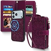 Harryshell 2 in 1 for iPhone 17 Pro Max Wallet Case Magnetic Compatible with Magsafe RFID Blocking Card Holder Detachable Phone Cover Zipper Purse Kickstand Wrist Strap for Men Women Floral Burgundy