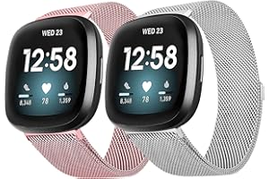AFOSKCE 2Pack Metal Bands Compatible with Fitbit Versa 3 /Fitbit Versa 4 /Fitbit Sense 2 /Fitbit Sense Bands for Women Men, Stainless Steel Metal Adjustable Magnetic Strap Replacement for Versa 3/Fitbit Sense