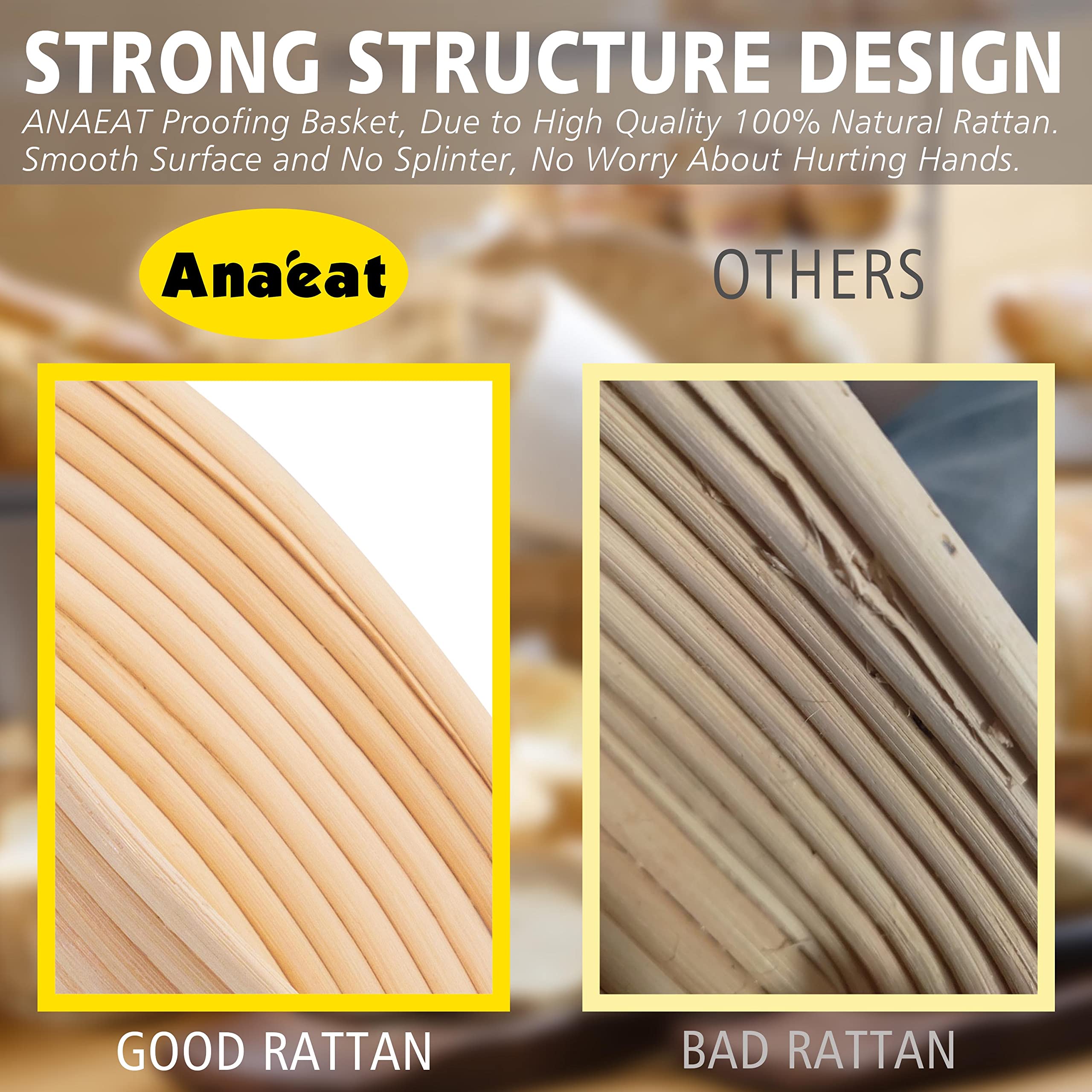 Anaeat 25 cm Brot-Banneton-Gärkorb-Set – runder Sauerteig-Gärkorb aus 100% natürlichem Rattan mit Lahmbrot, Teigschaber und Leineneinlage für professionelle Bäcker und Heimbäcker 4