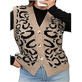 SOLY HUX Women's Plus Size Leopard Button Down Sweater Vest V Neck Sleeveless Knit Cardigans