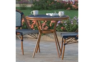 EMMA + OLIVER Colmar Indoor/Outdoor Bistro Table - Navy & White Woven PE Rattan Pattern - Tempered Glass Top - Bamboo Finish Metal Frame - 31.5 in.