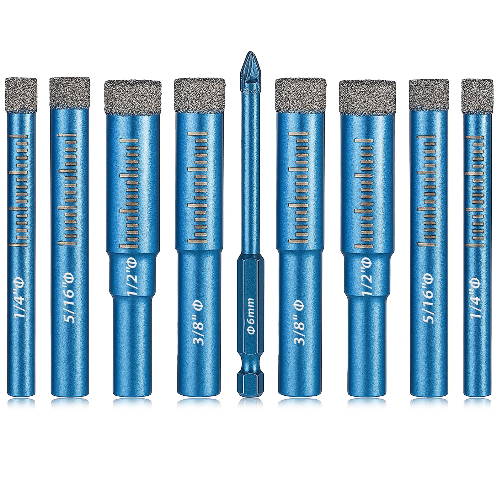 Photo 1 of 9 Pcs Diamond Drill Bits Set Tile Hole Saw for Drilling Holes in Ceramic Versatile Tile Drill Bits for Quartz Pots Glass Porcelain Tiles Marble Granite Acrylic(Sizes 1/4", 5/16", 3/8," 1/2")