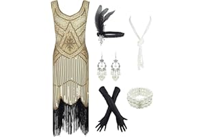 ESRTYERYH WOMEN COSTUME 1920s Gatsby Sequin Fringed Paisley Flapper Dress with 20s Accessories Set