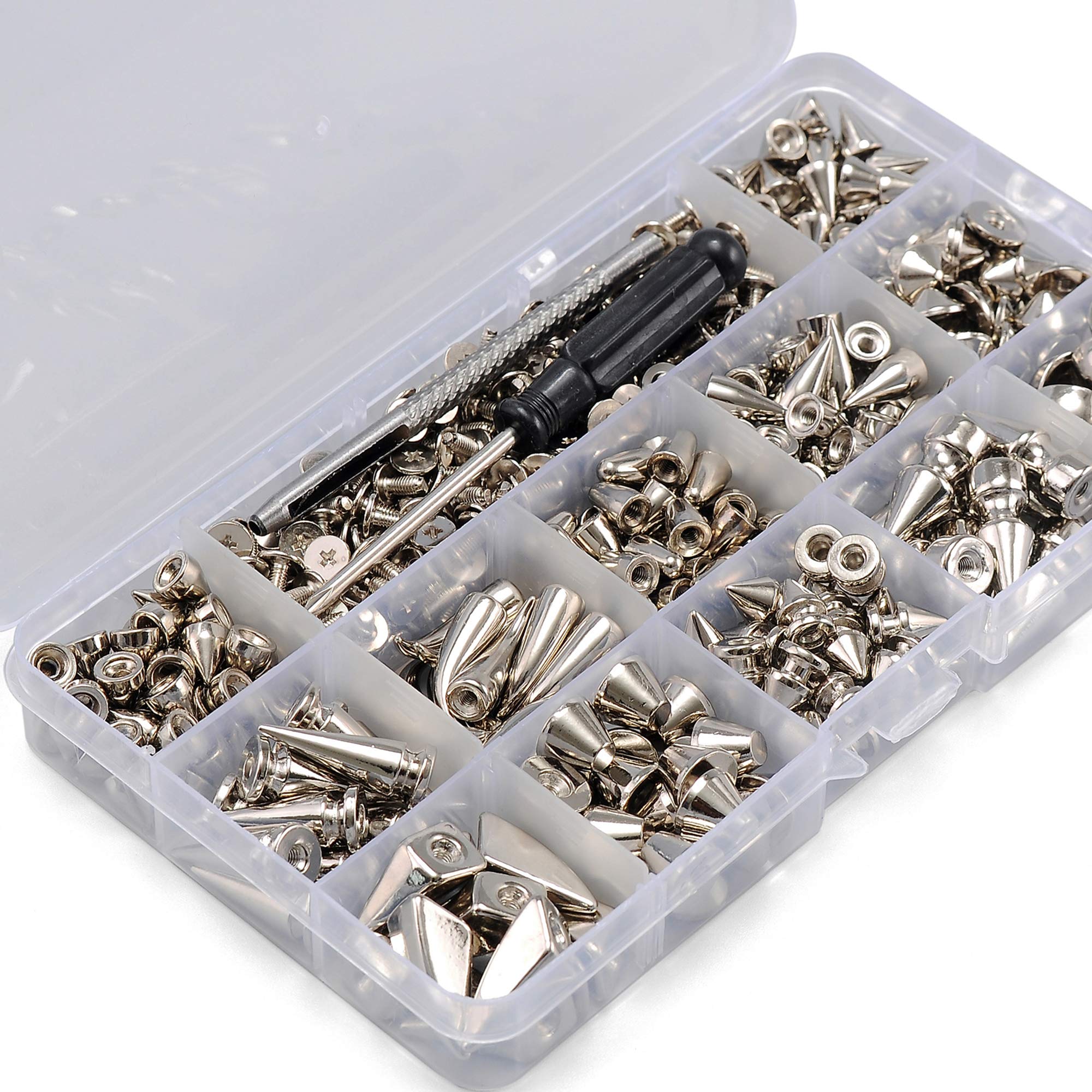 YORANYO 270 Sets Mixed Shape Spikes and Studs Silver Color Screw Back Bullet Cone Studs and Spikes Rivet Kit with Install Tools for Leather Craft Clothing Shoes Belts Bags Dog Collars DIY Rivets
