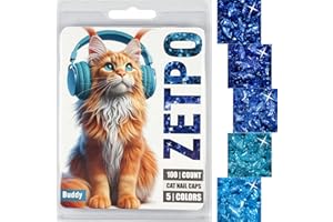 zetpo 100 pcs Cat Nail Caps | Cat Claw Covers | with Adhesives and Applicators (M, 5X Blue Glitter Shades)