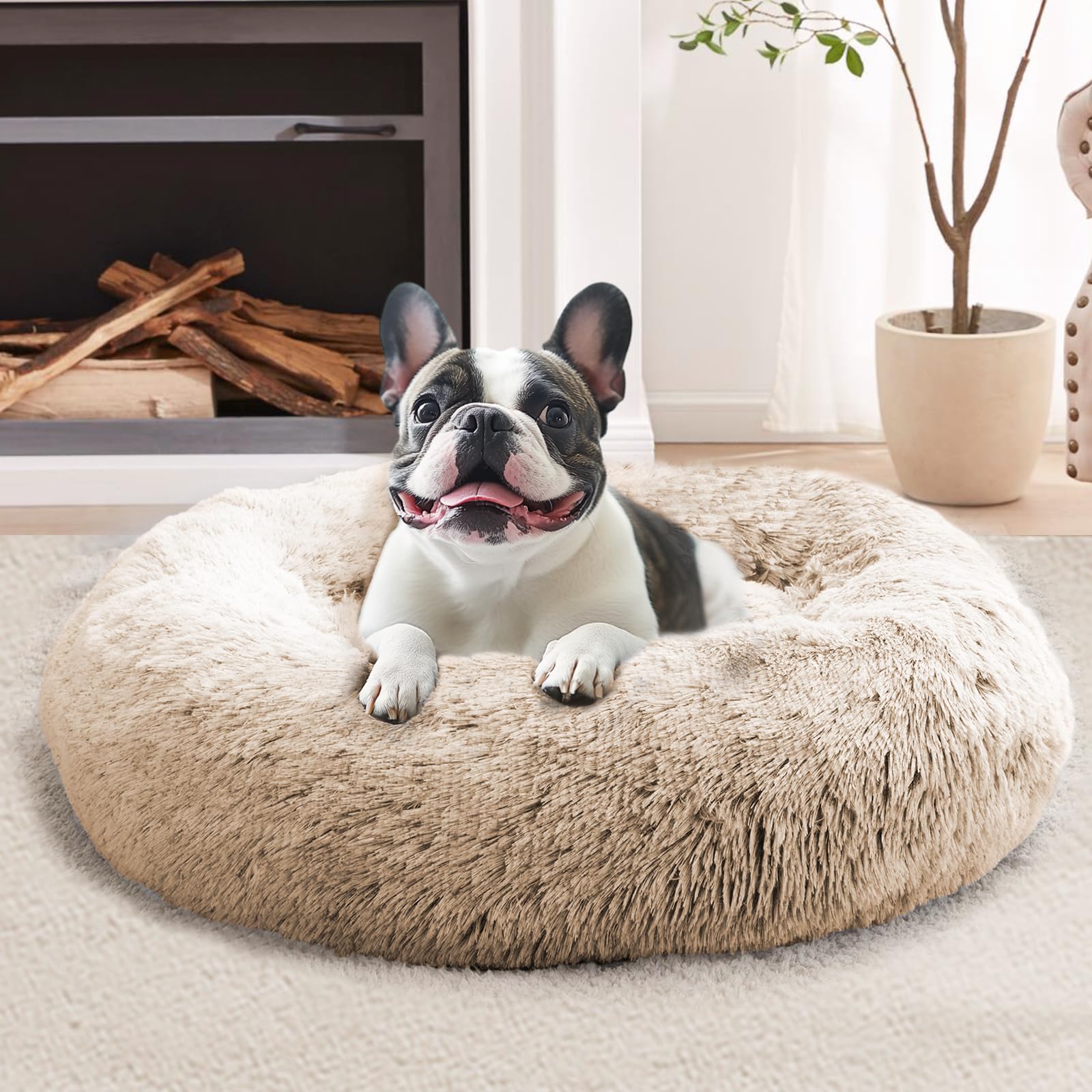Photo 1 of ***SEE CLERK COMMENTS*** JOLLYVOGUE Calming Dog Bed Large Size Dog, Anti-Anxiety Donut Large Pet Bed, 36 inches Fluffy Faux Fur Round Cat Bed, Fits up to 75 lbs Pets (Cream Brown)