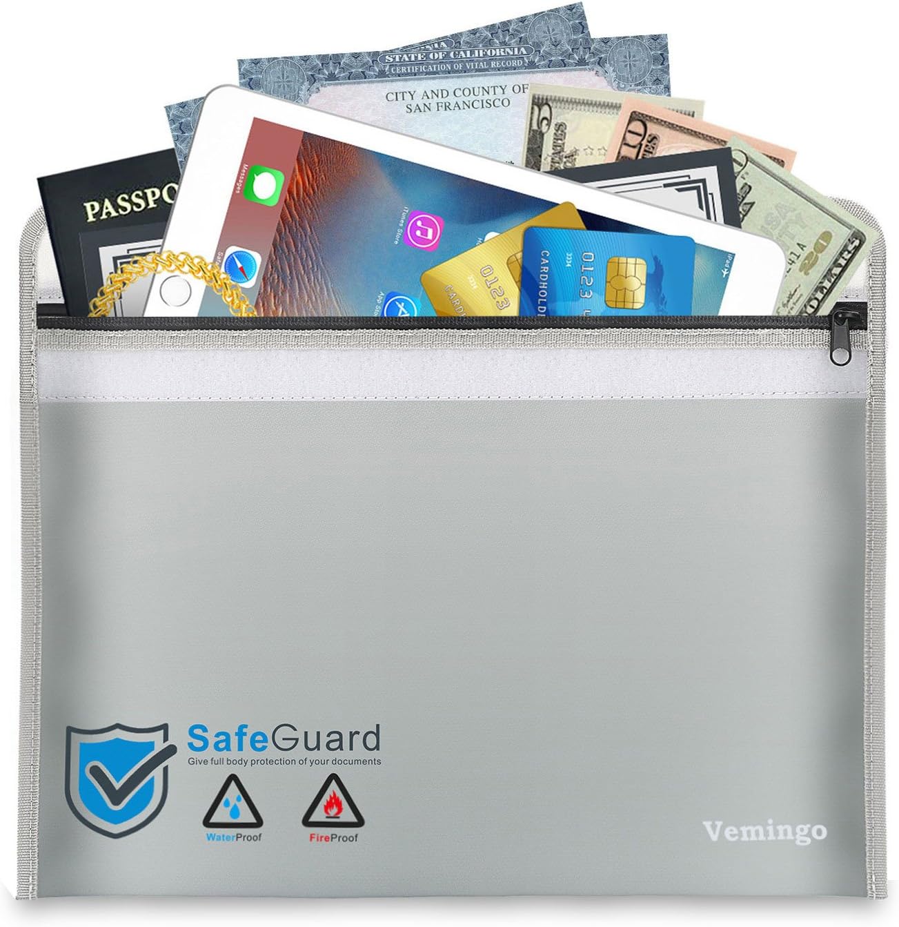 Fireproof Document Bag - Vemingo Anti-Irritation Silicone Coated Fire Water Resistant Money Bag Fireproof Safe Pouch Holder Storage for Money, Documents, Jewelry and Passport (Silver)