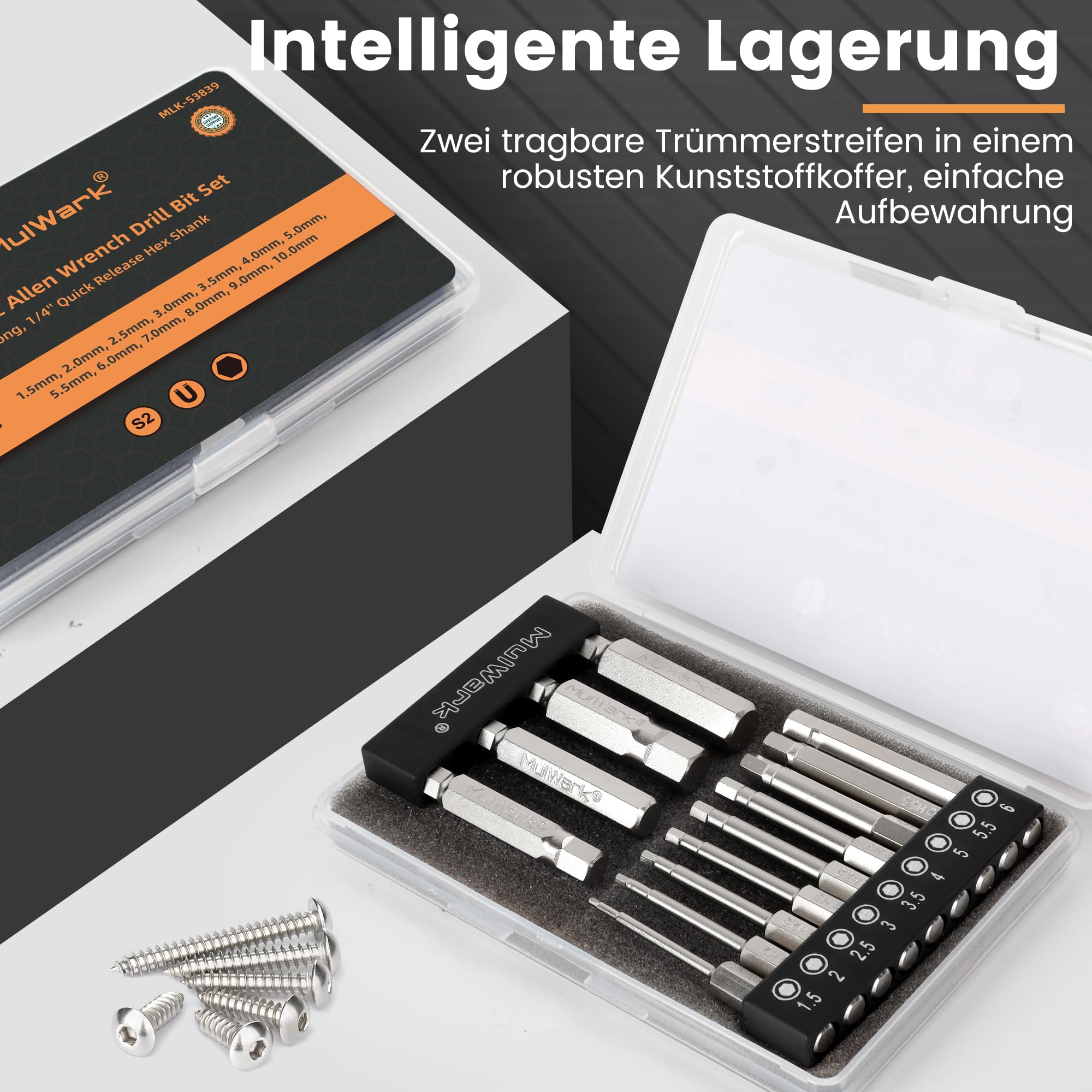 MulWark Magnetic Hex Head Inbusschlüssel Bit Set 13pc Präzision Metrisch S2 Stahl - Magnetische Bits mit Korrosionsbeständigkeit 1/4" Innensechskant-Bit-Satz 5