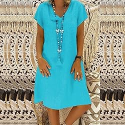 Women's Summer Cotton Linen Dress Loose V-Neck